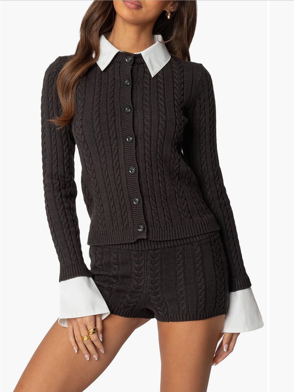 Edikted Avey Detachable Cuff & Collar Cardigan in Charcoal